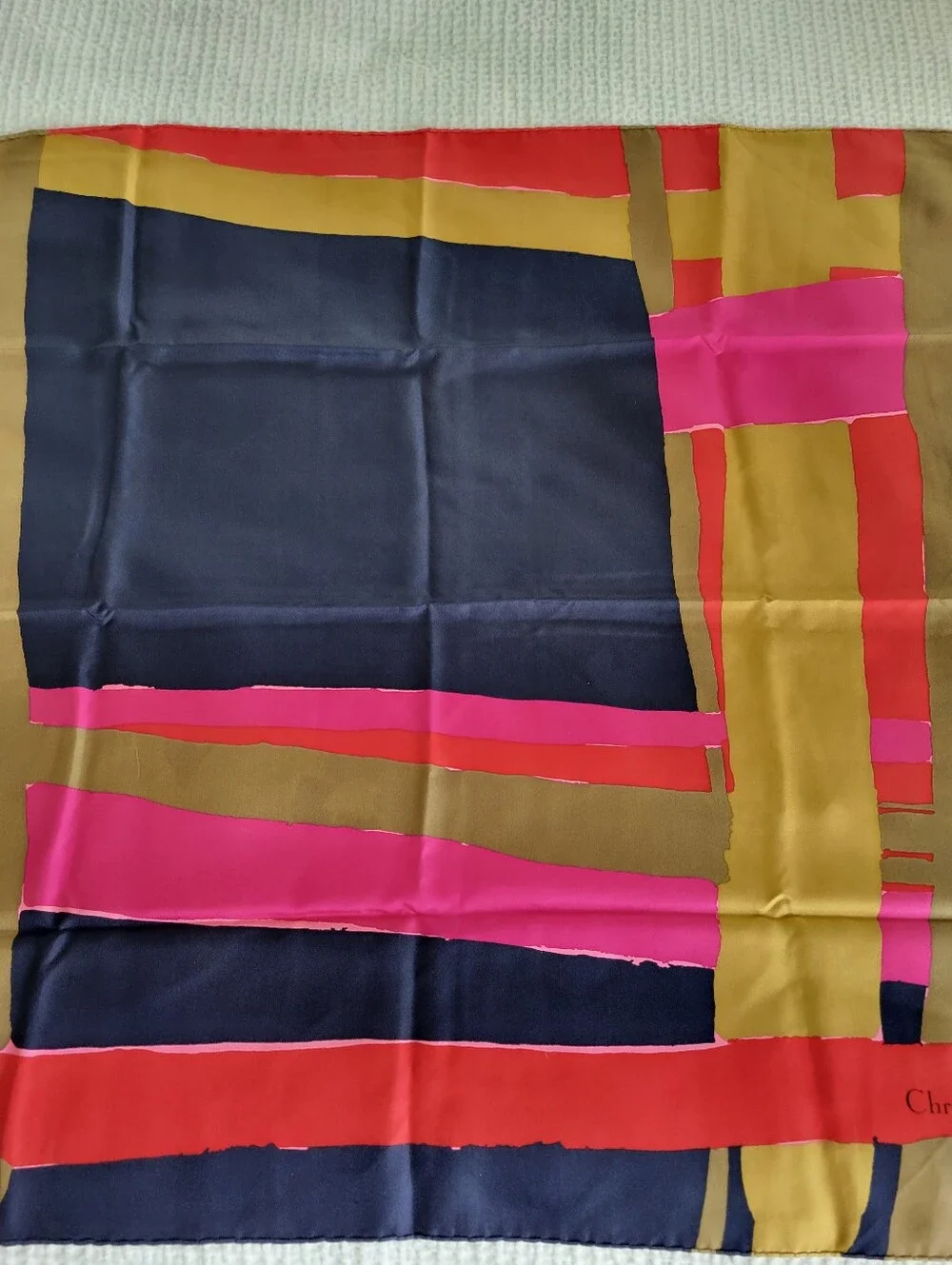 Vintage Dior Navy, Hot Pink, Red & Gold Geometric Silk Scarf 30